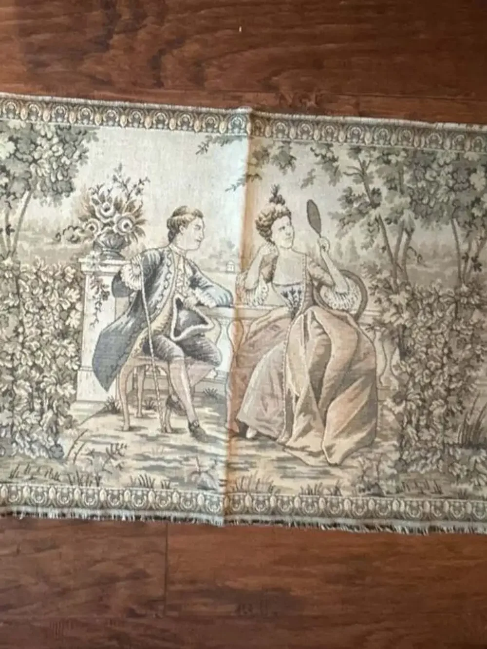 Vintage Woven French Courting Scene Tapestry Table Runner Wall Hanging